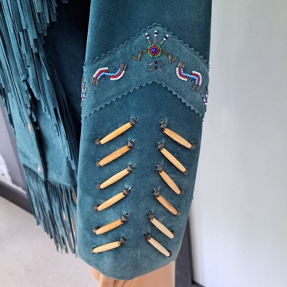 Cowgirl Core Tony Lama Teal Suede Western Jacket Beads Fringe VTG RARE - Picture 5 of 12